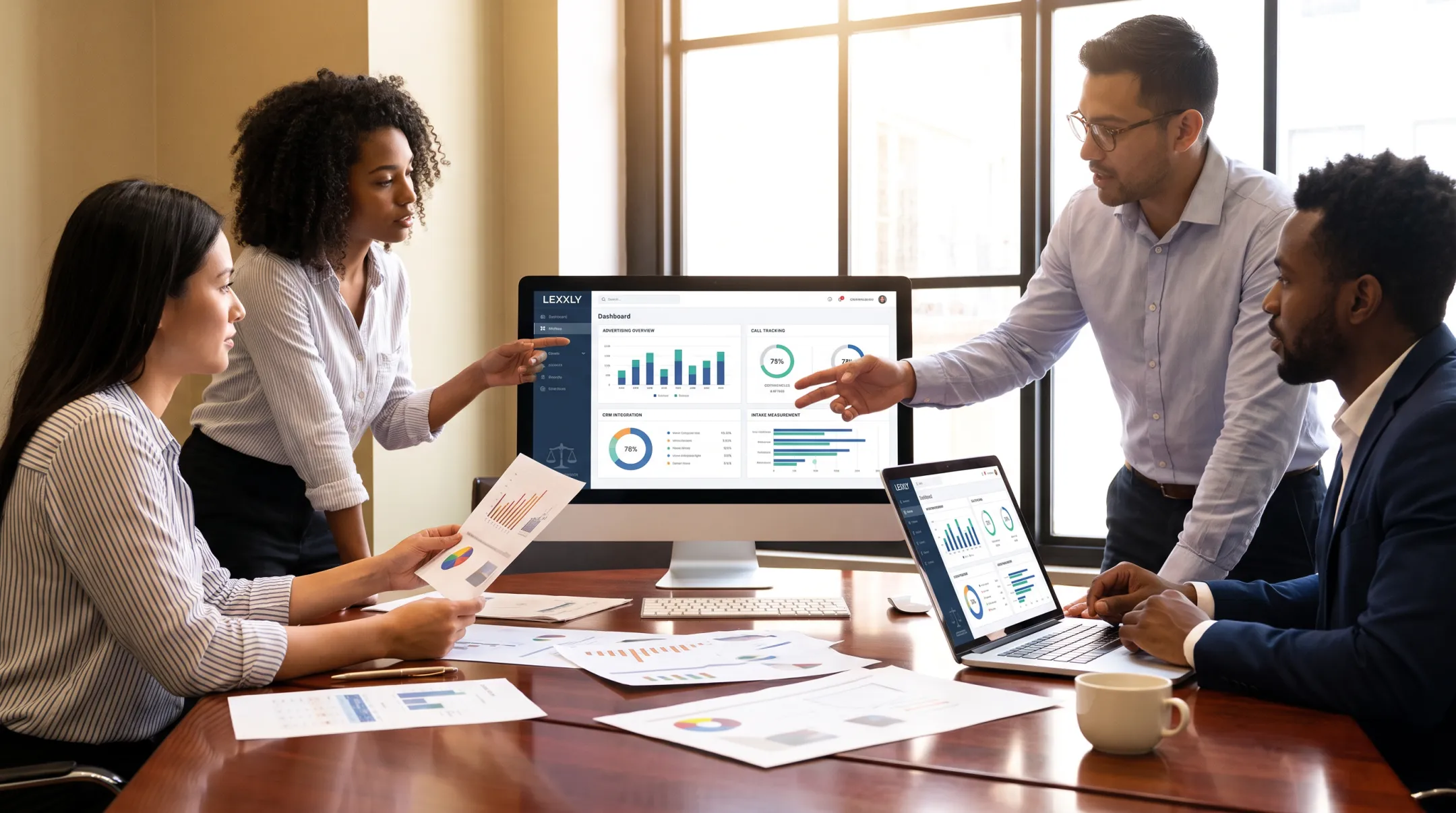 LEXGRO marketing team reviewing connected law firm attribution data