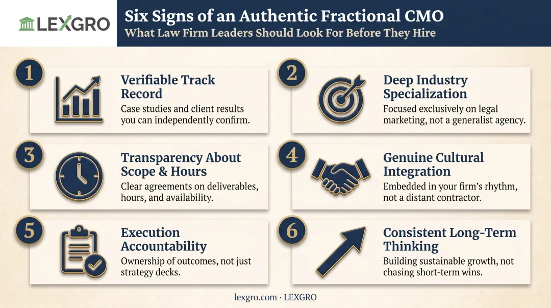 6 signs of an authentic fractional marketing leader checklist infographic