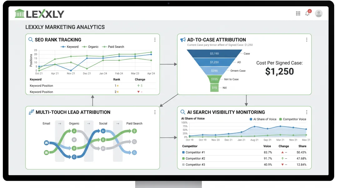 LEXXLY marketing analytics dashboard tracking SEO rankings and attribution