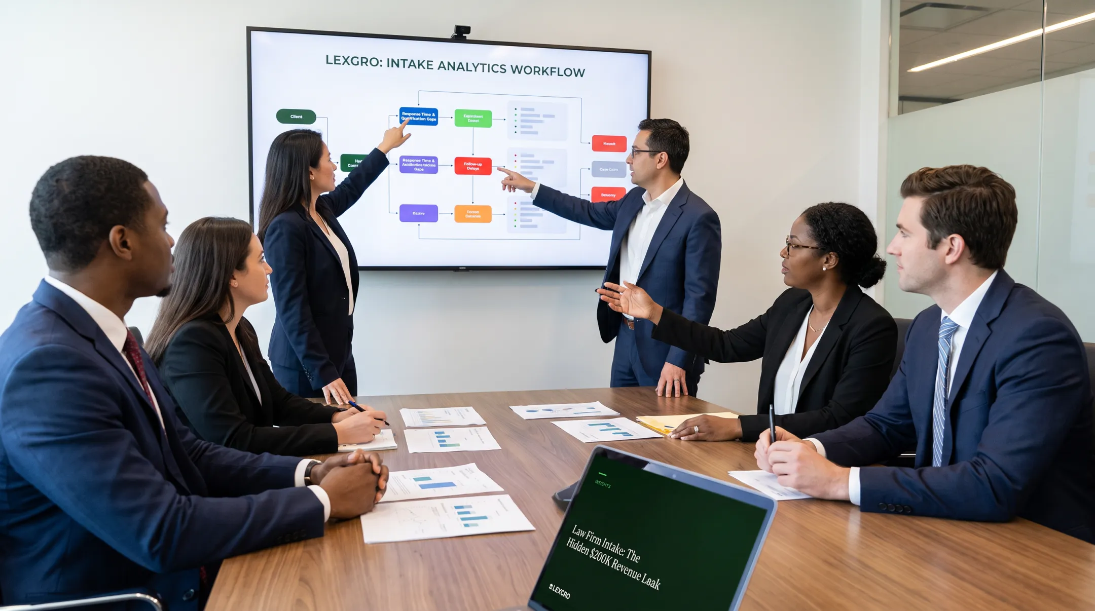 Law firm intake analytics team reviewing potential case conversion gaps