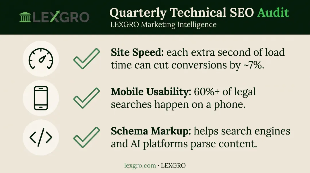 Law firm technical SEO audit checklist covering speed mobile and schema