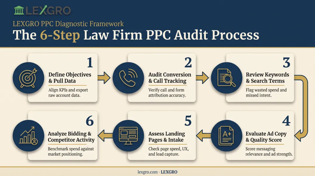 6-step law firm PPC campaign audit process from goals to competitor analysis