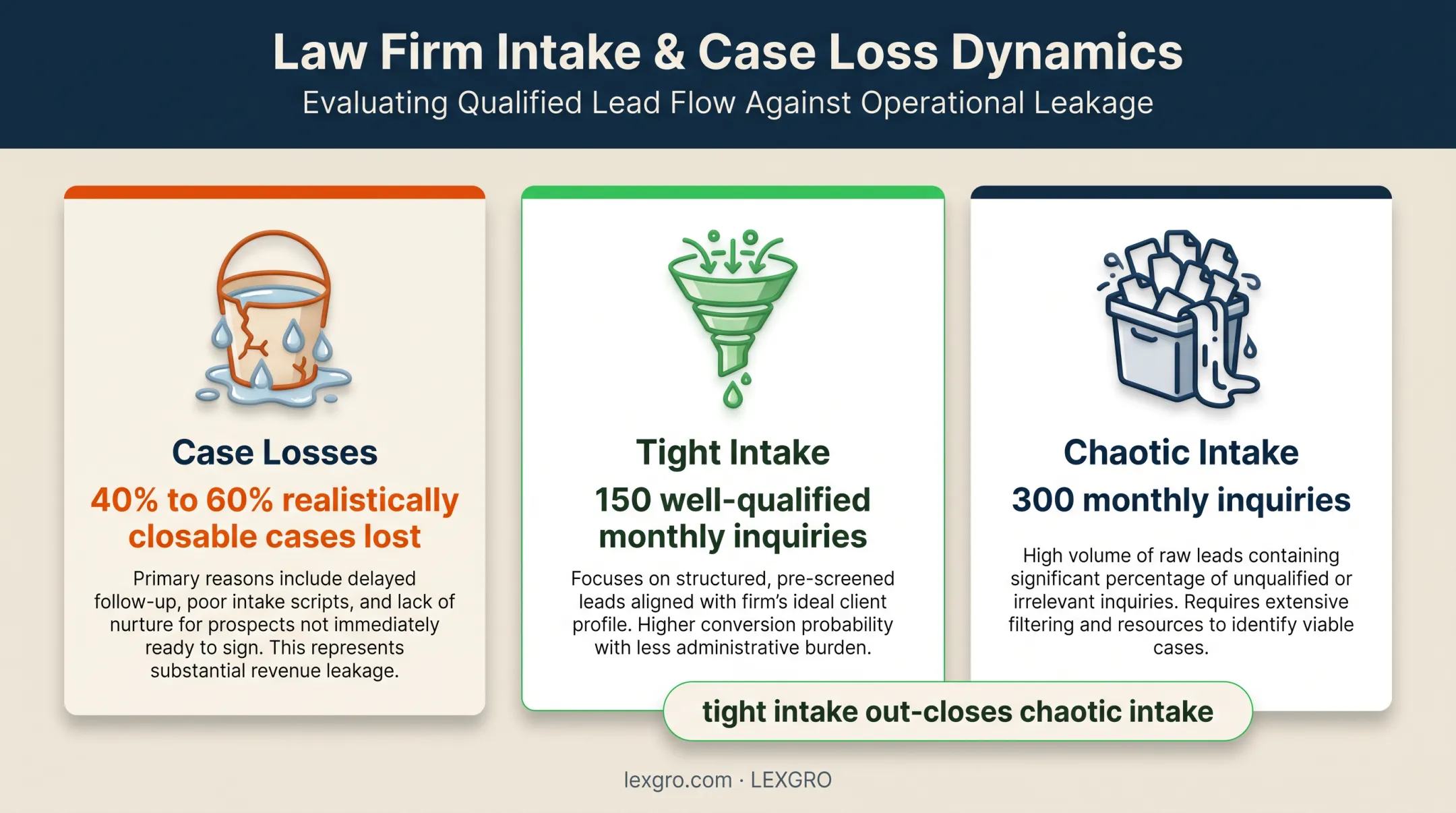 Law firm intake capacity comparison showing qualified inquiries and case losses