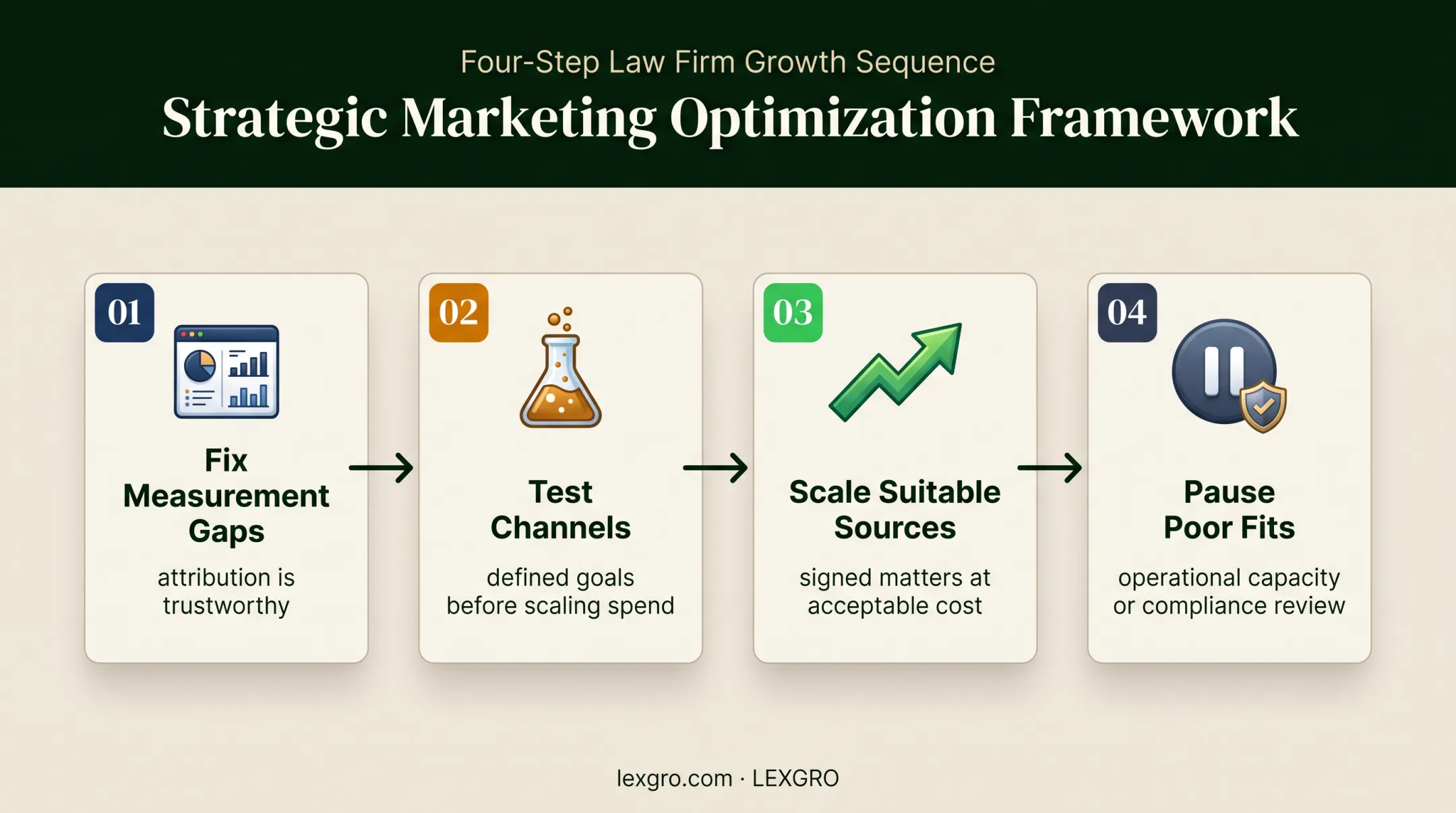 Four-step growth scaling process from measurement to compliant marketing expansion