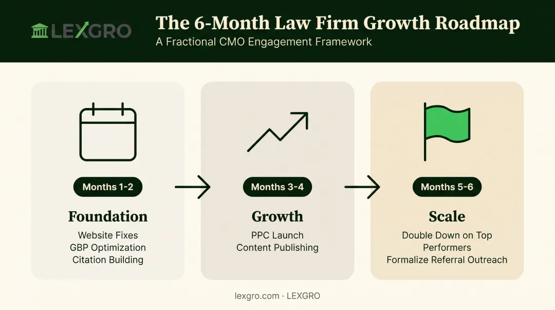 6-month law firm marketing implementation timeline in three phases