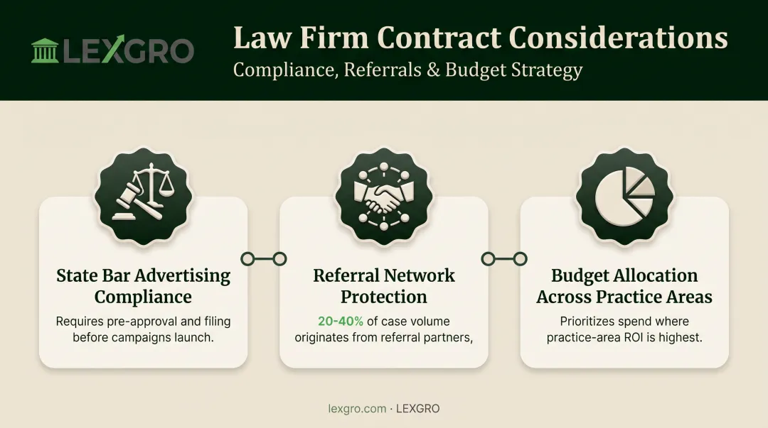 Three law firm-specific fractional marketing leader contract considerations infographic