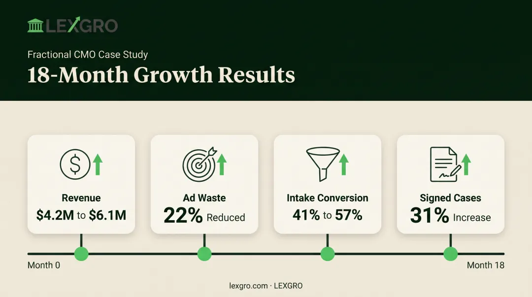 18-month law firm growth results infographic revenue and conversion metrics