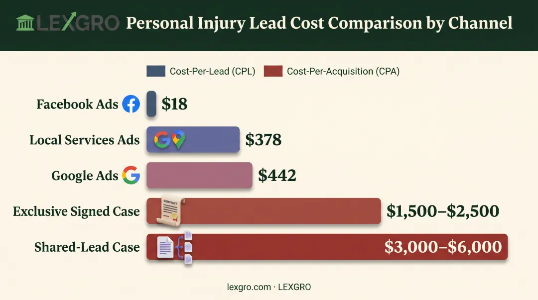 Personal injury lead cost comparison across Facebook Google and LSA channels