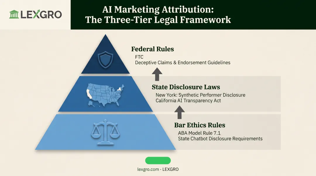 Three-layer legal framework governing AI marketing attribution compliance rules
