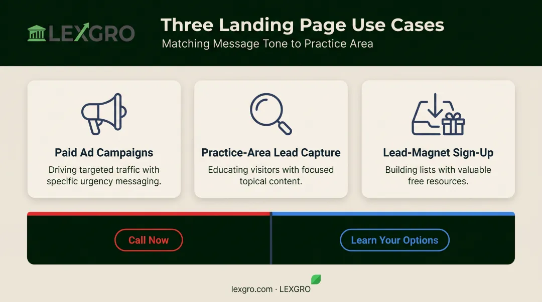 Three law firm landing page types with matching campaign tone examples