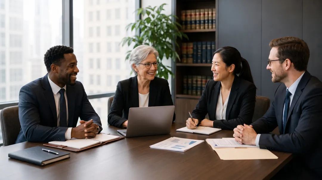 Law firm leadership team collaborating on client experience strategy