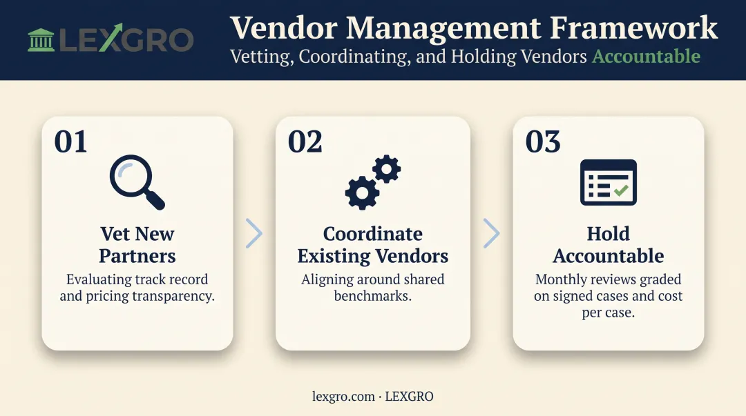 Three-step vendor vetting coordination and accountability process for law firms
