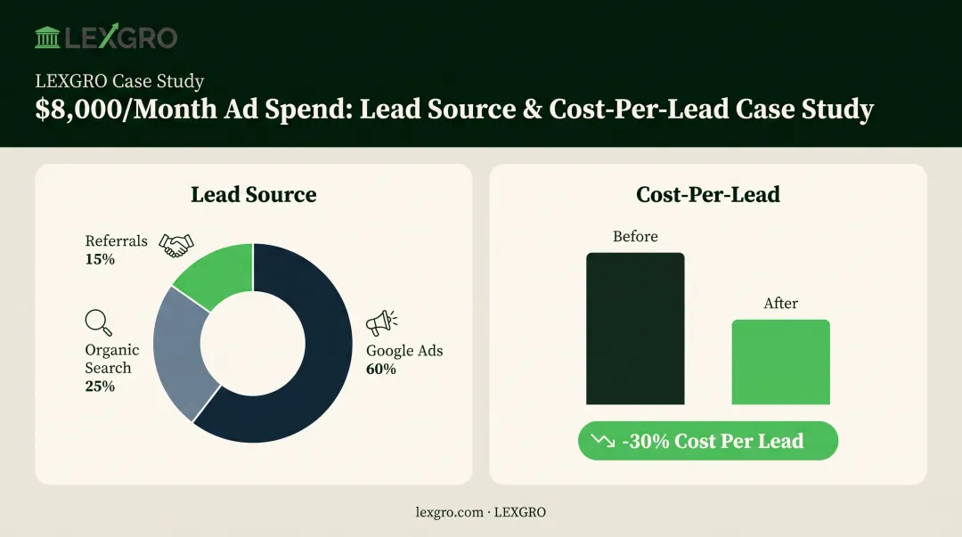 Nashville law firm attribution case study showing channel breakdown and cost per lead drop