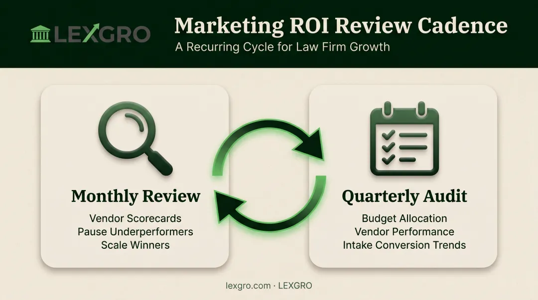 Monthly and quarterly law firm marketing ROI review cycle