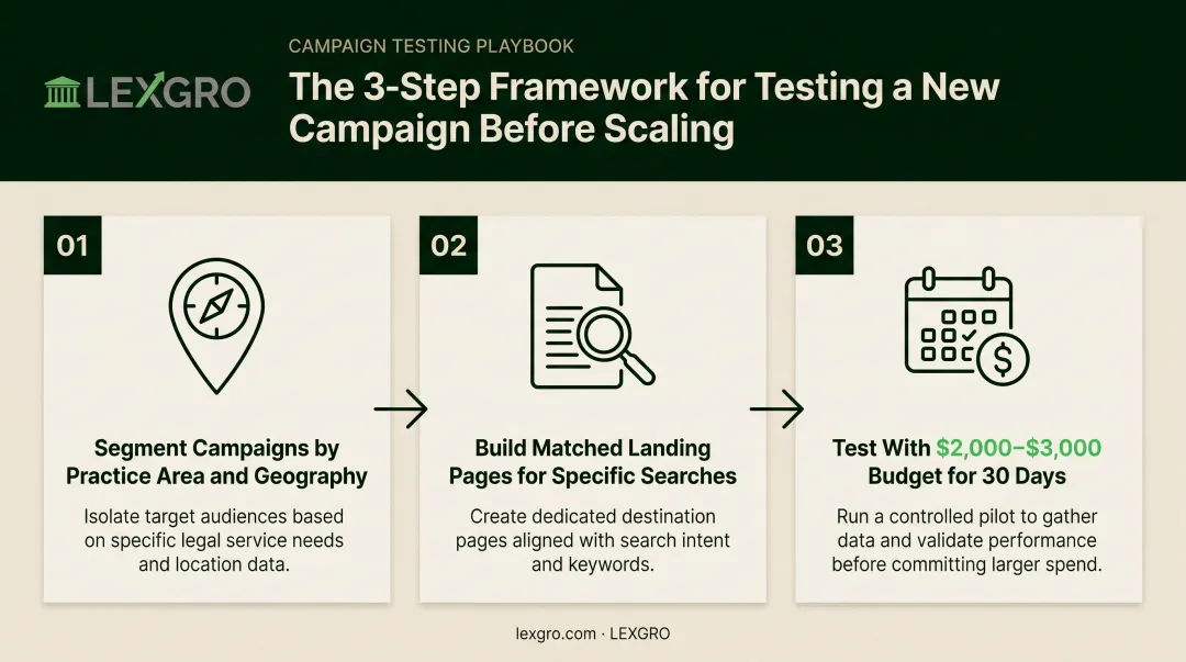 Three-step campaign testing process for law firm marketing budgets