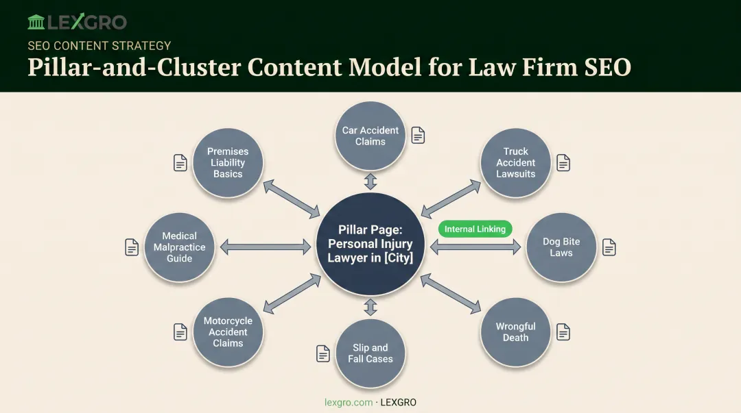 Pillar and cluster content model for legal topical authority