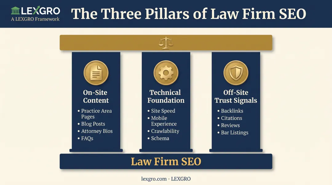 Three pillars of law firm SEO strategy framework diagram