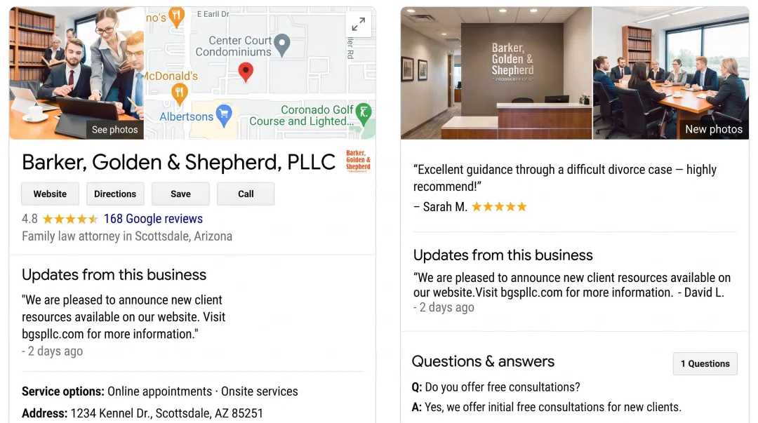 Law firm Google Business Profile listing displaying reviews and photos