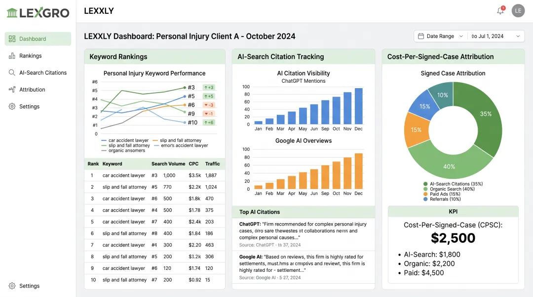 LEXGRO LEXXLY platform dashboard tracking rankings and signed case attribution