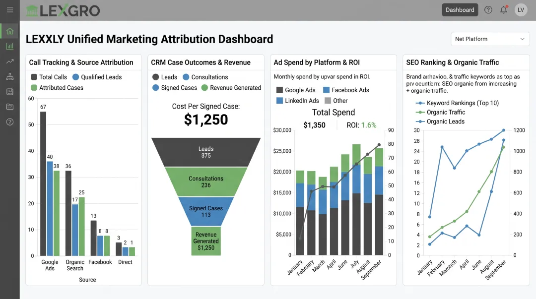 LEXXLY platform dashboard displaying unified marketing attribution and case tracking