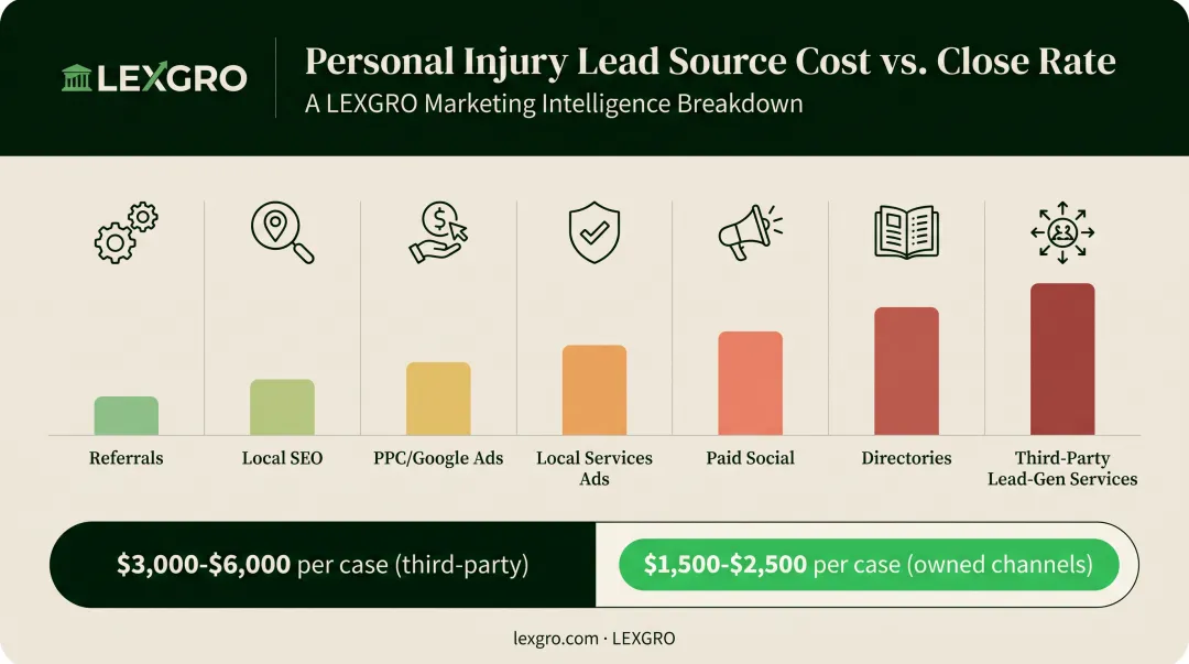 Personal injury lead source cost versus conversion rate comparison chart
