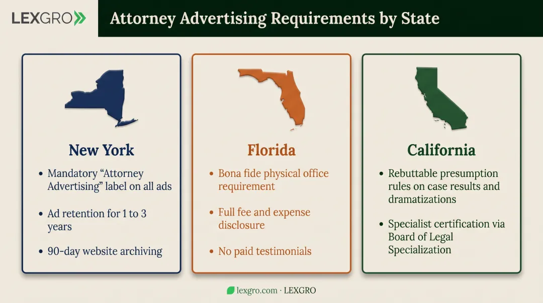New York Florida California attorney advertising rules comparison chart