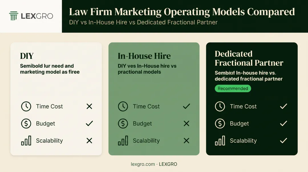 DIY versus in-house versus fractional marketing leader law firm marketing comparison