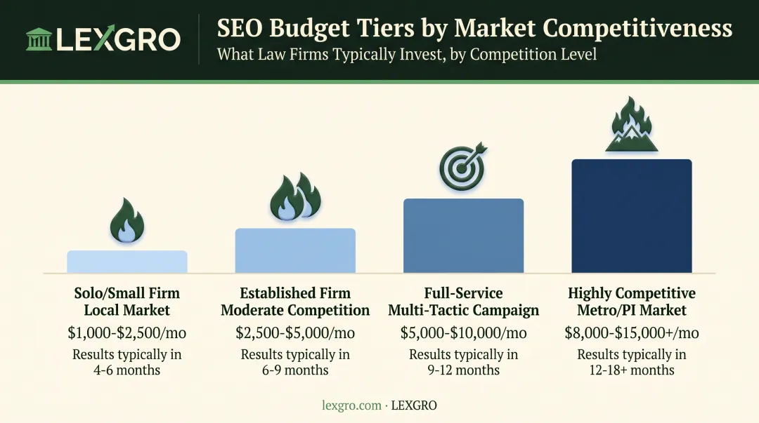Law firm SEO budget comparison across four market tiers