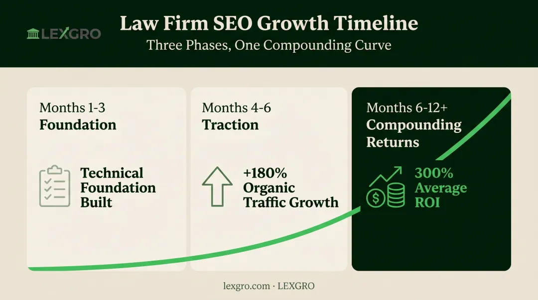 Law firm SEO results timeline from foundation to compounding ROI