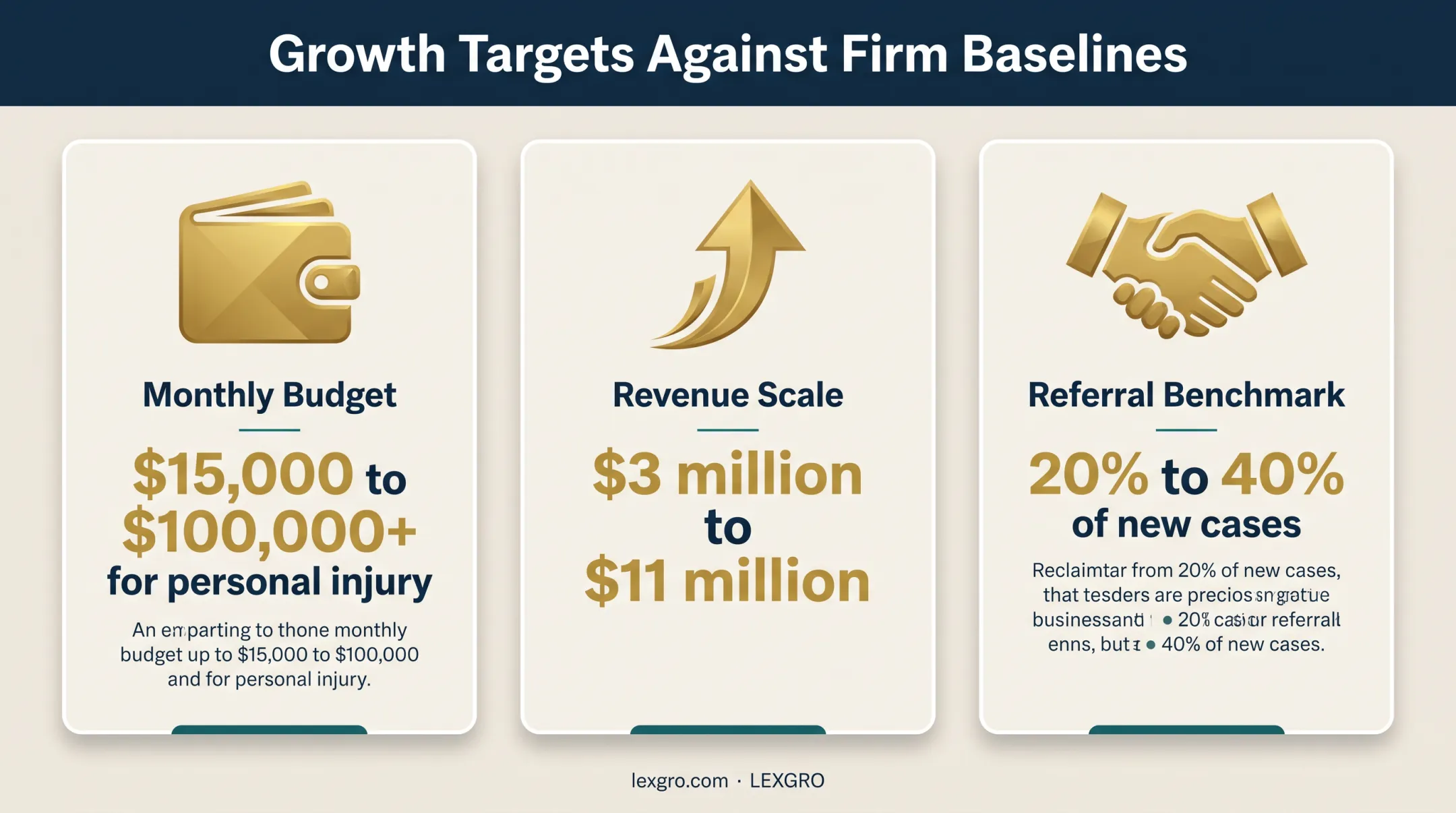 Litigation practice growth targets, budgets, revenue, and referral benchmarks