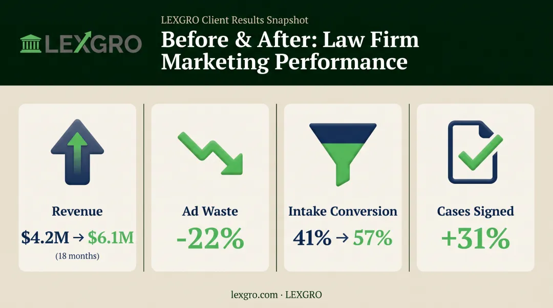 Personal injury firm campaign results showing revenue and conversion gains
