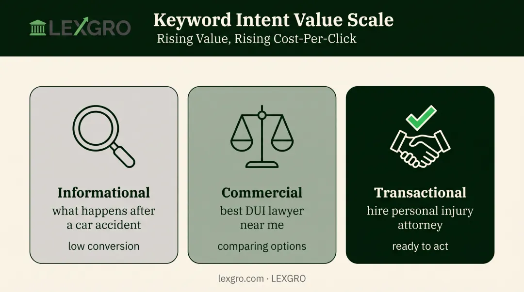 Three types of legal search keywords ranked by conversion intent
