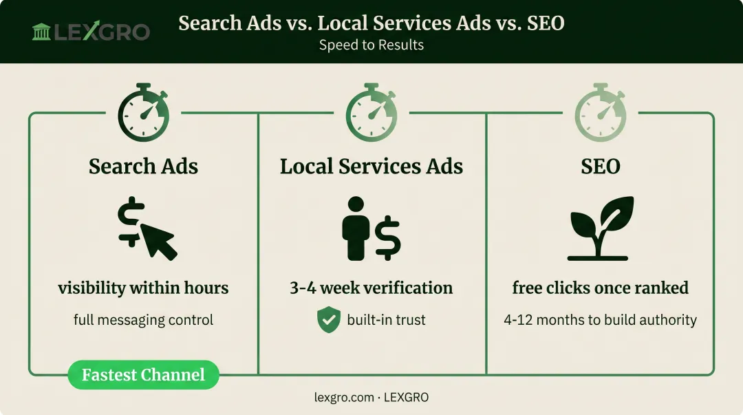 Search Ads Local Services Ads and SEO channel comparison for law firms