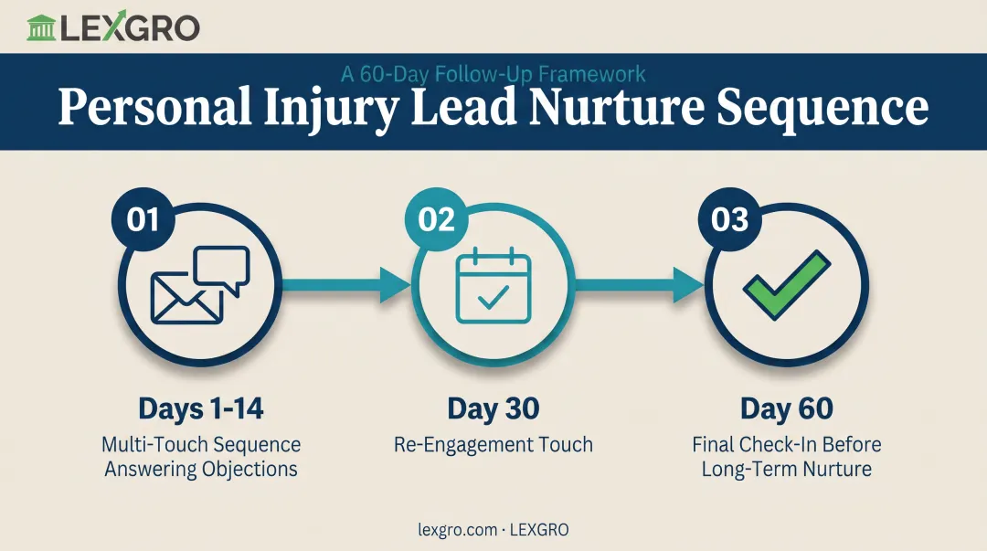Three-stage lead nurture sequence timeline for personal injury firms