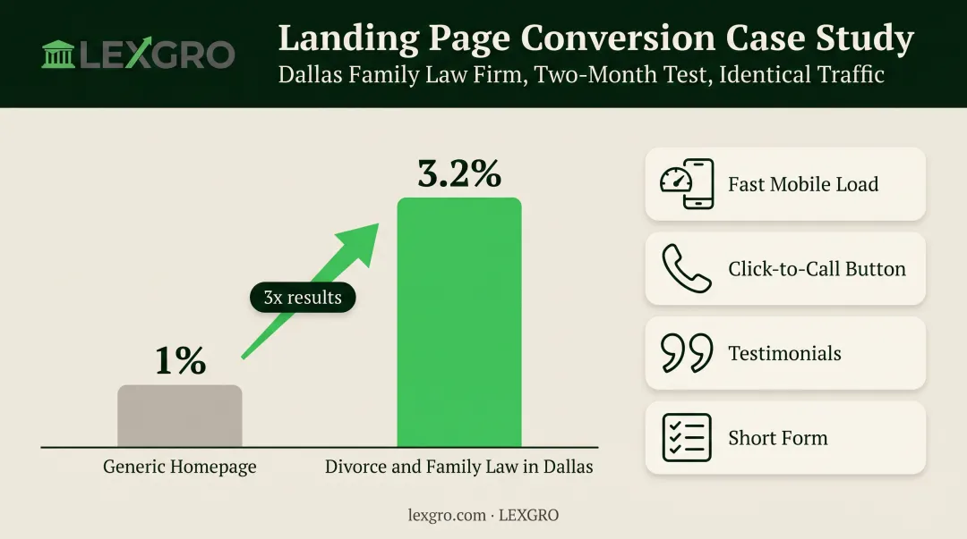 Law firm landing page conversion rate increase from 1 percent to 3.2 percent