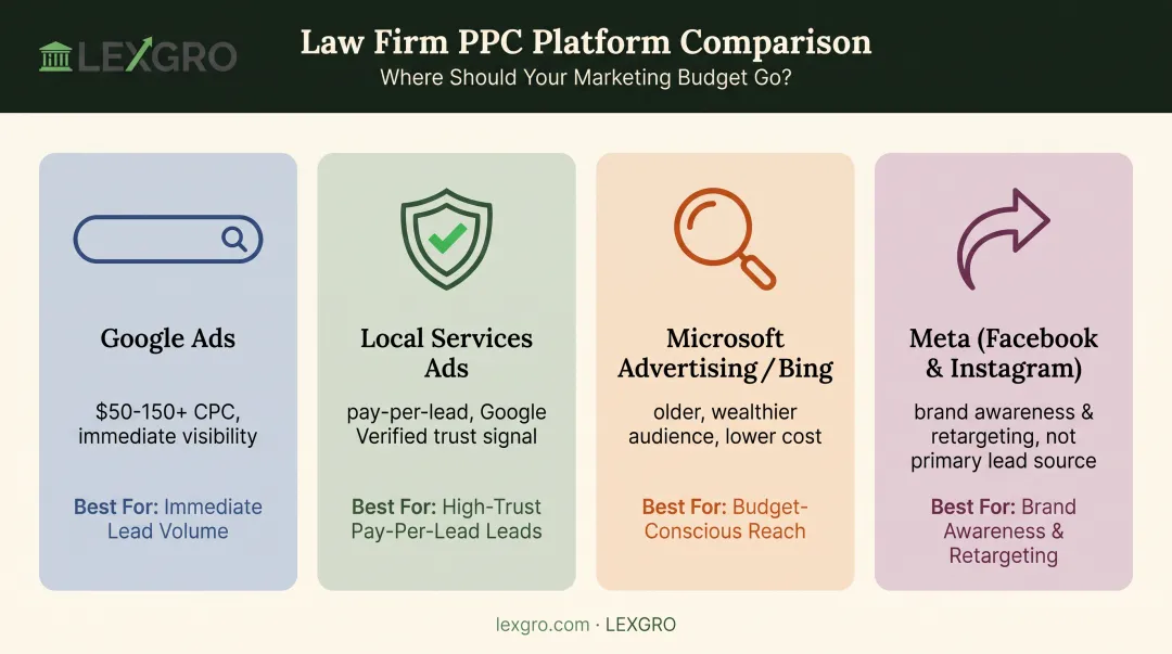 Comparison of Google Ads LSA Bing and Meta ad platforms for law firms