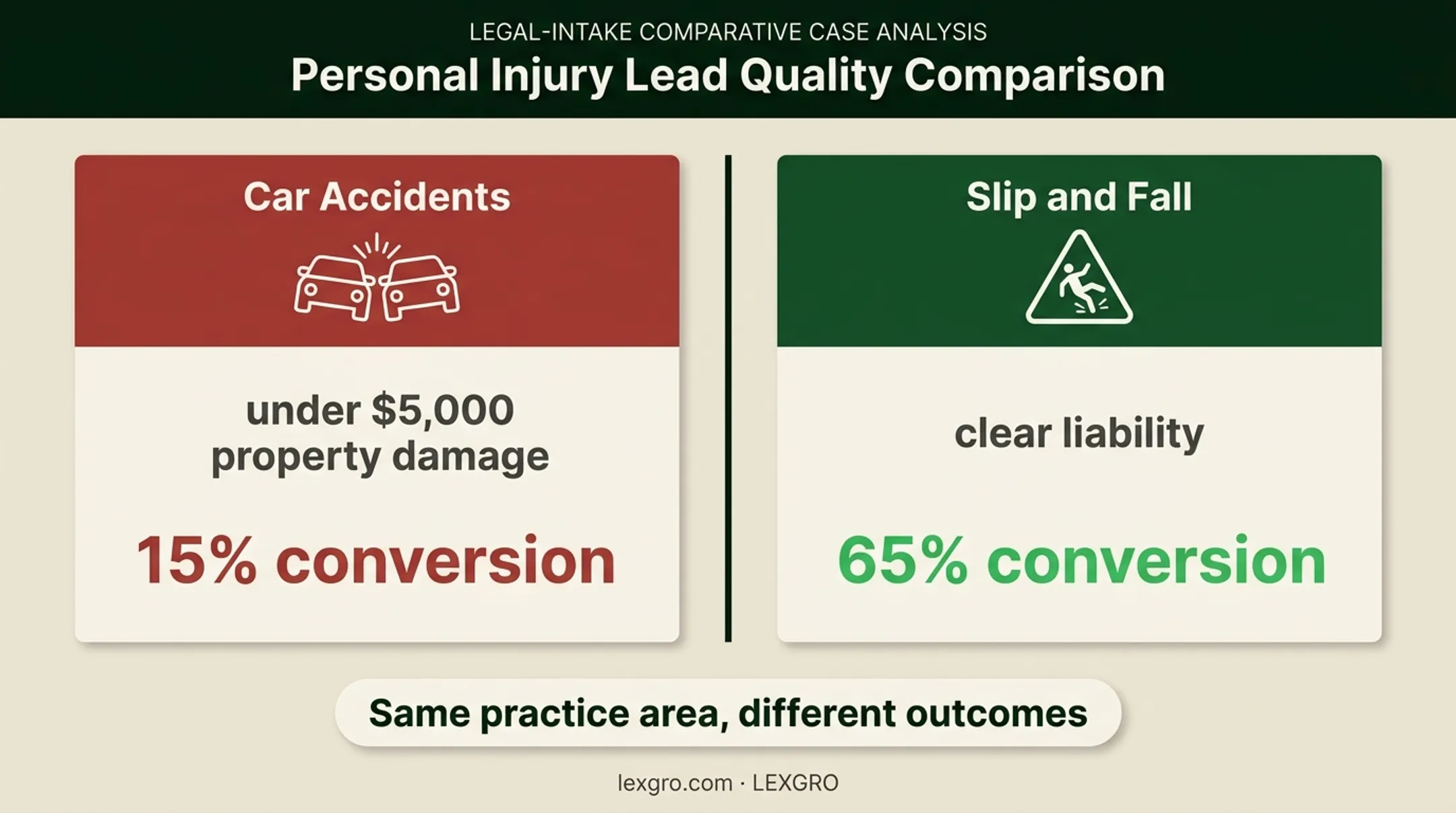 Personal injury matter conversion comparison by case characteristics