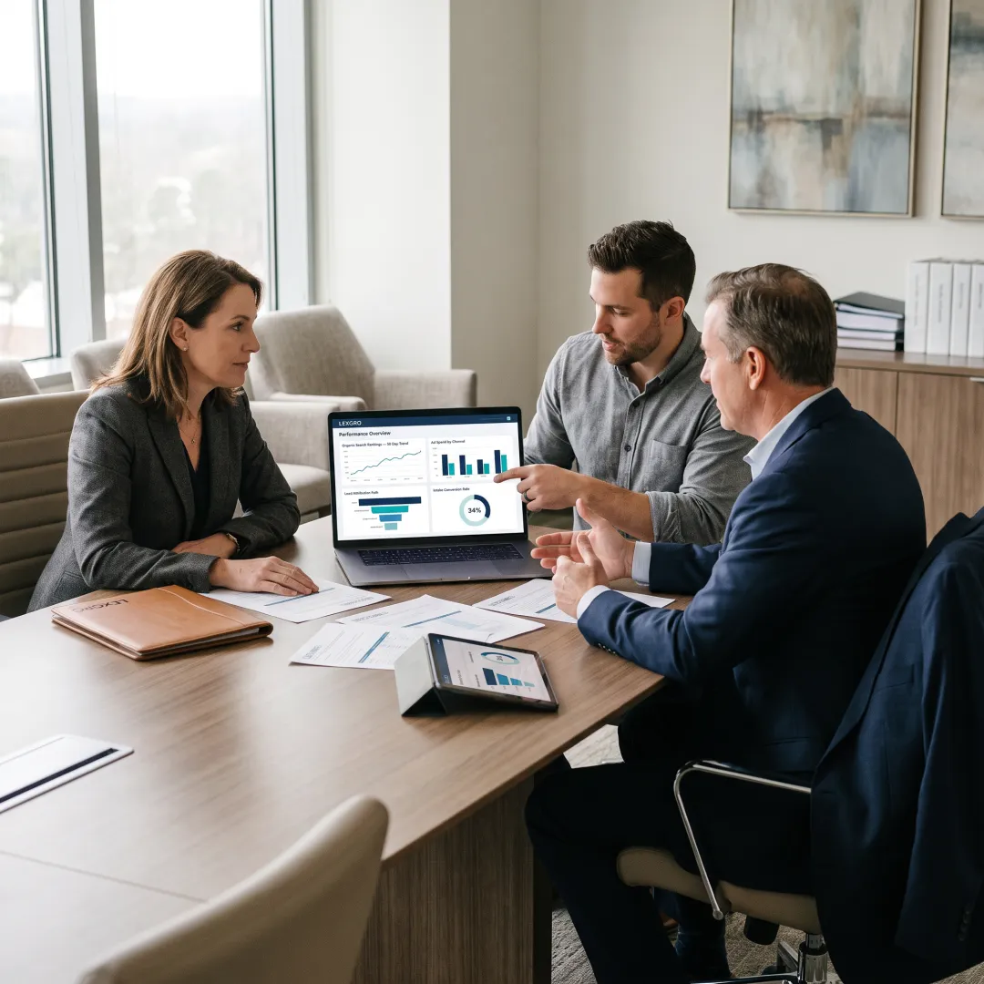 Law firm leaders reviewing marketing strategy