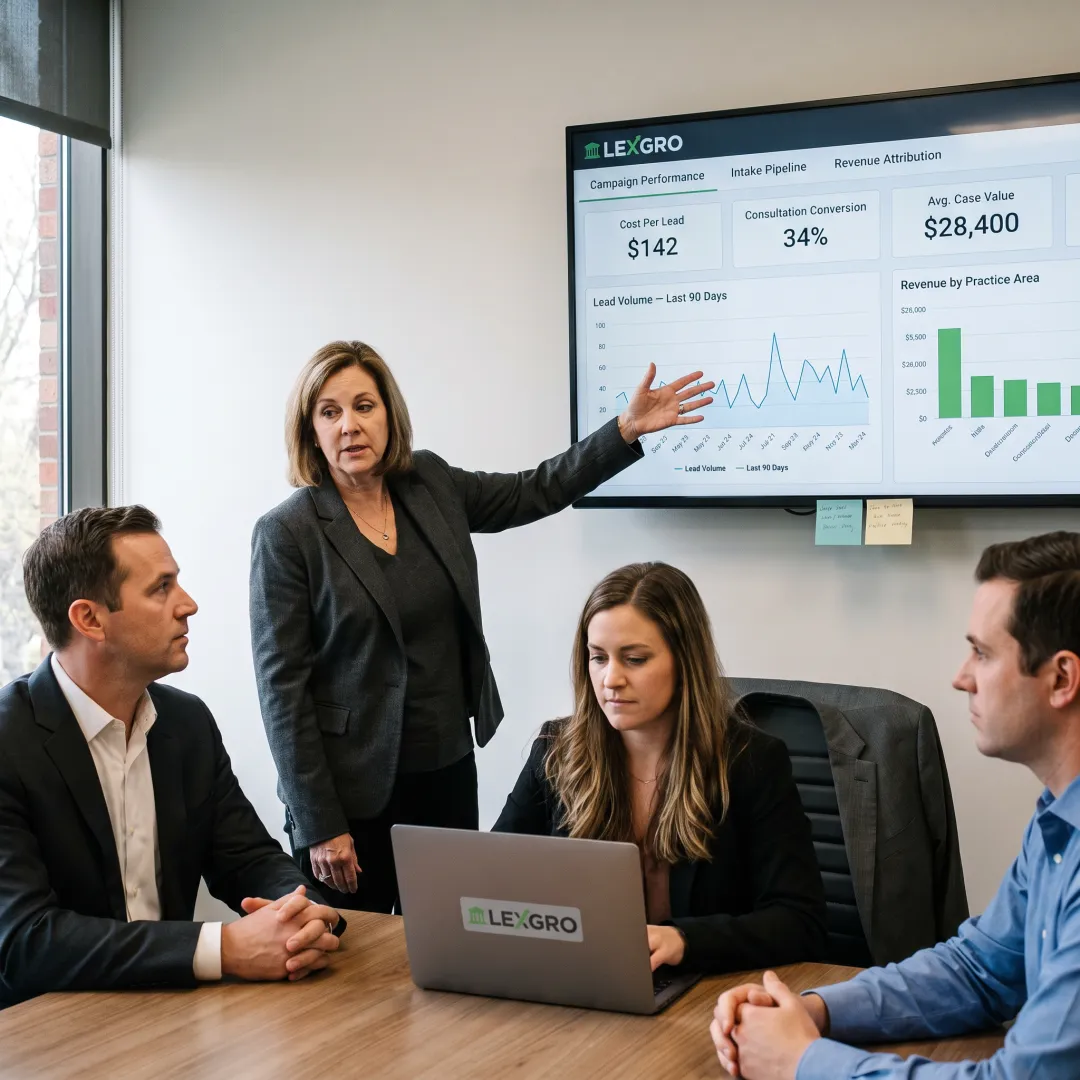 Legal marketing leader reviewing performance data with law firm executives