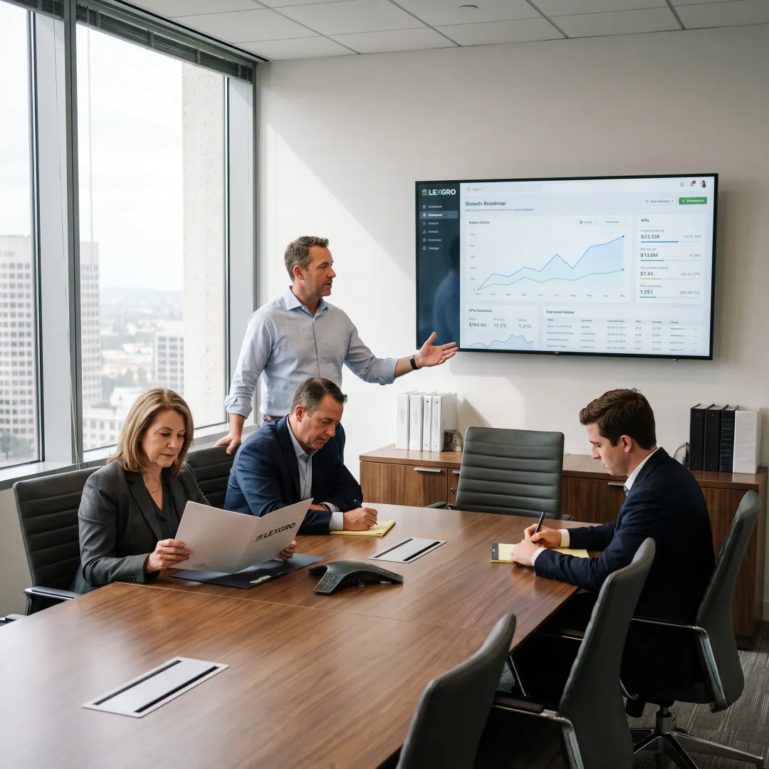 Law firm leaders reviewing a marketing growth strategy