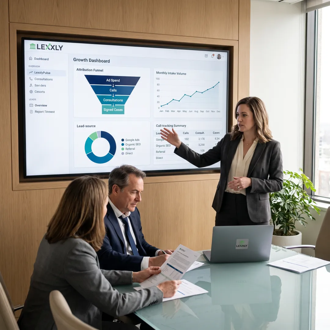 Legal marketing strategist reviewing a law firm growth dashboard