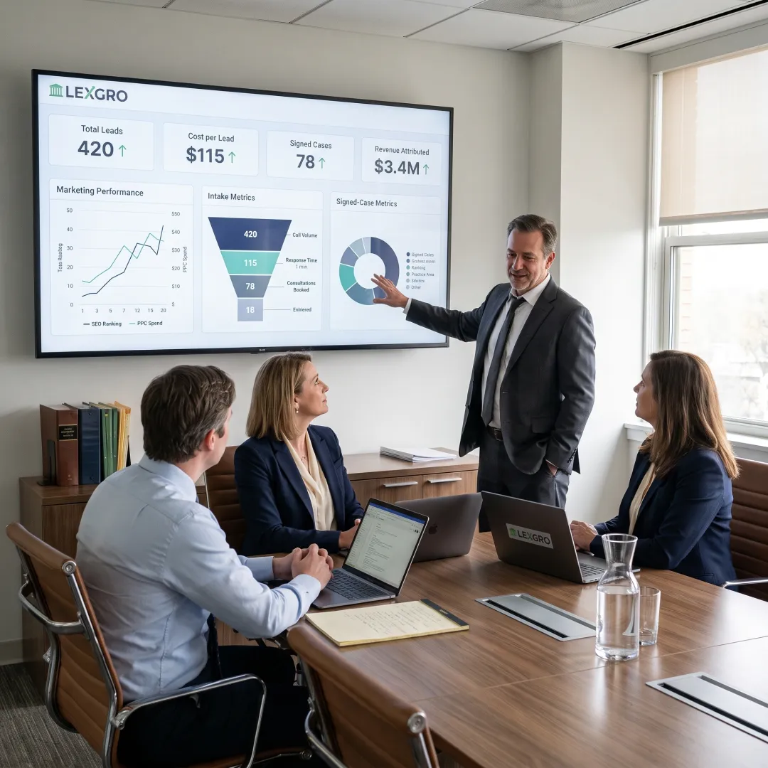 Law firm leaders reviewing a performance dashboard