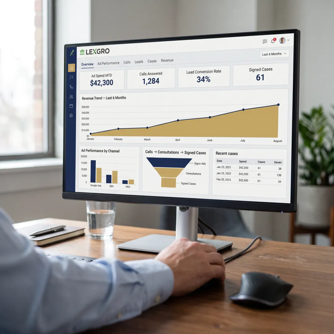 Marketing and intake metrics displayed on a law firm dashboard