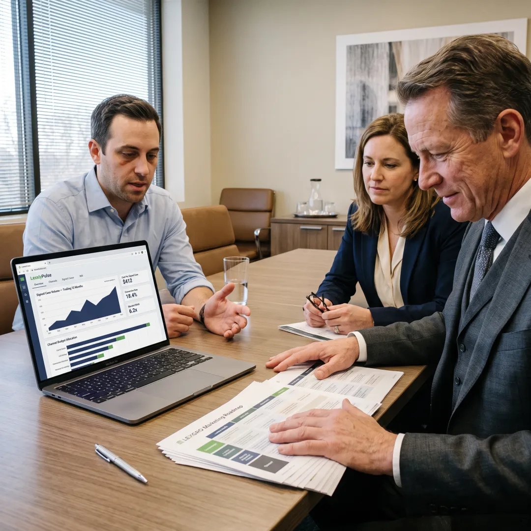 Law firm leaders reviewing a marketing growth plan