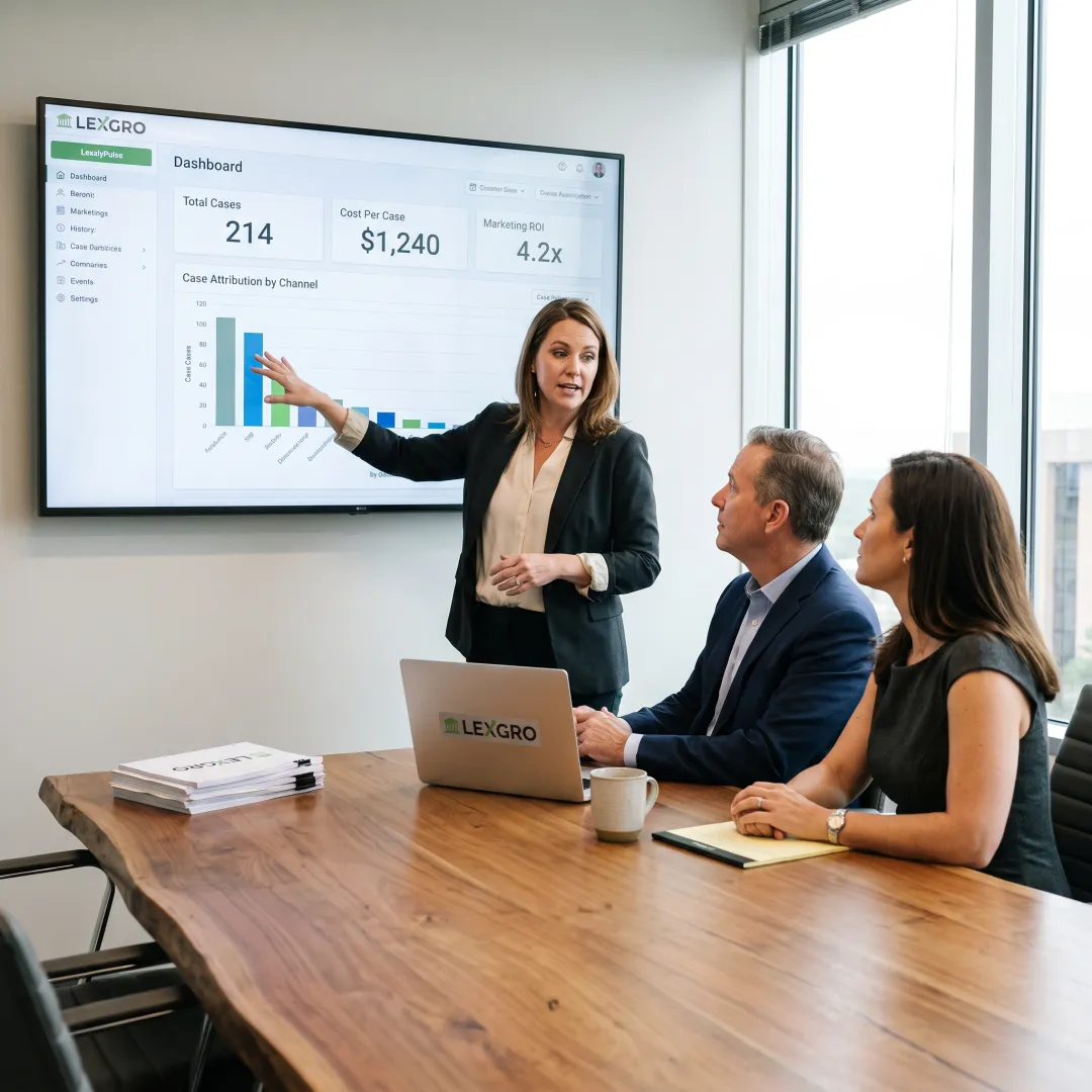 Legal marketing strategist reviewing law firm growth data