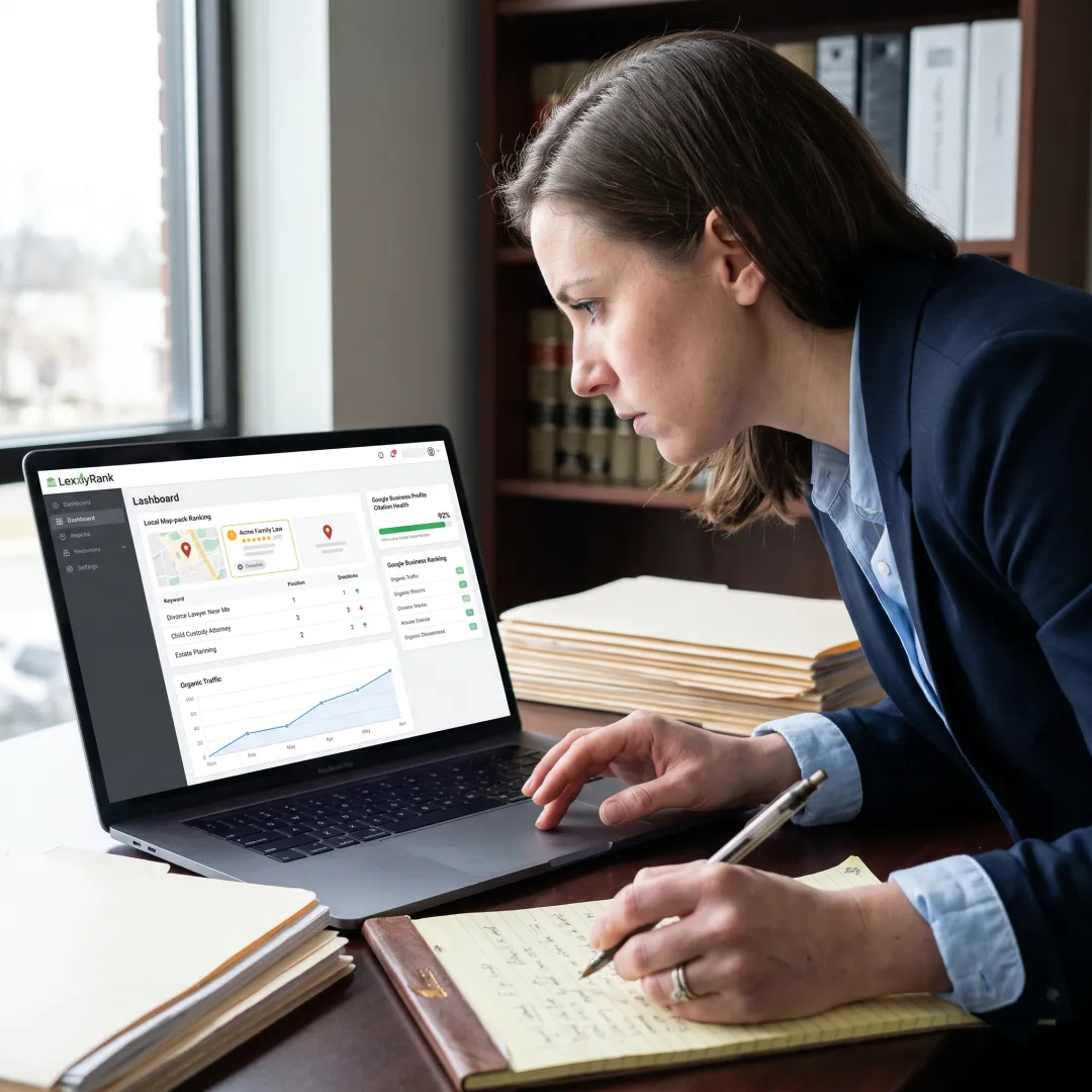 Legal marketing professional reviewing law firm SEO performance