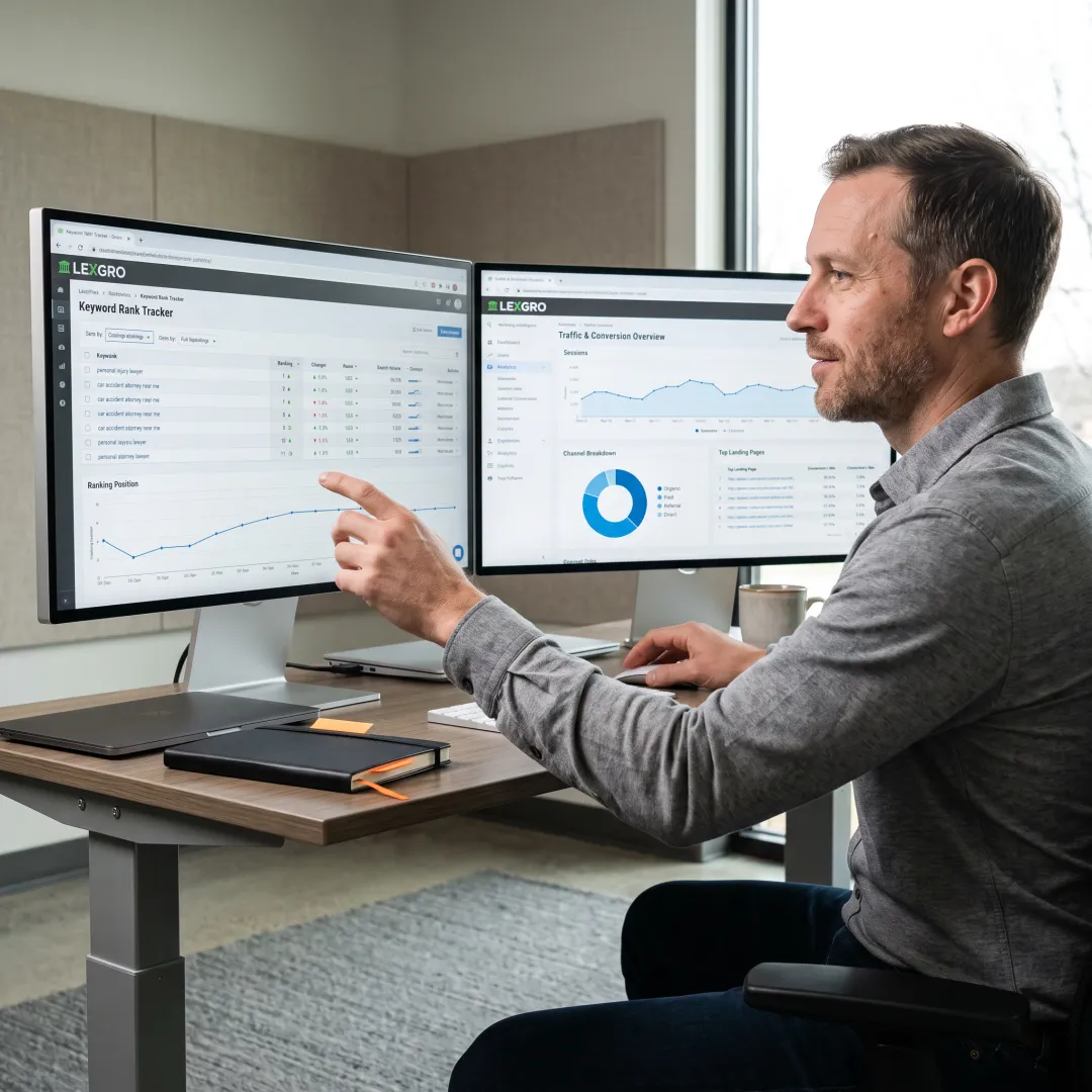 Legal marketing professional reviewing law firm SEO data