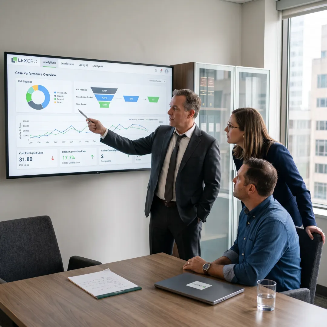 Law firm team reviewing call attribution analytics