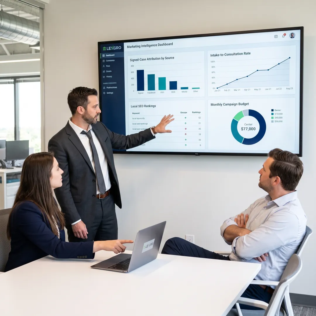 Law firm team reviewing marketing data