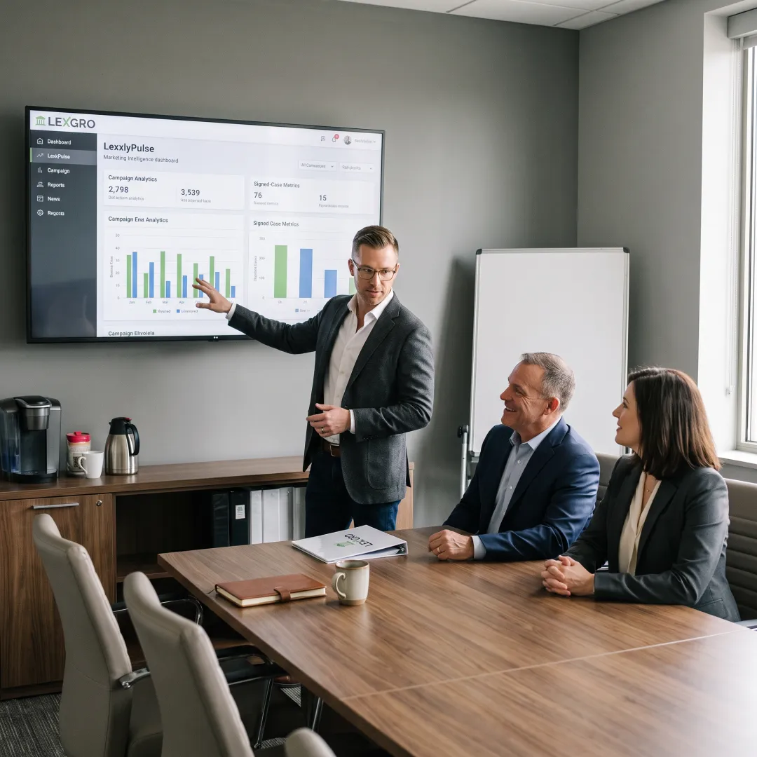 Marketing consultant reviewing law firm performance data